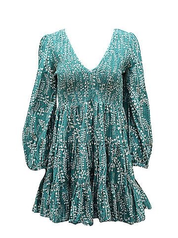 Rixo London Rixo Sasha Long Sleeve Mini Dress in Green Cotton (view 1)