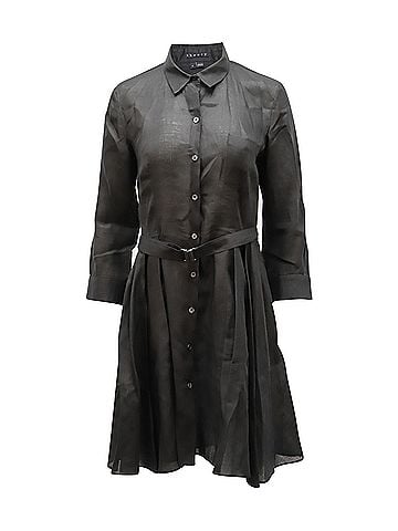 Theory Theory Belted Shirt Dress in Black Linen (view 1)
