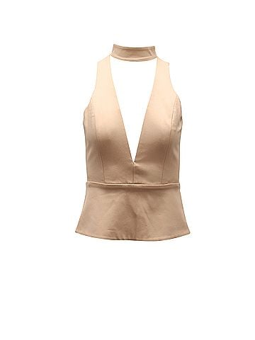Michelle Mason Michelle Mason Plunge Choker Sleeveless Top in Nude Polyester (view 2)