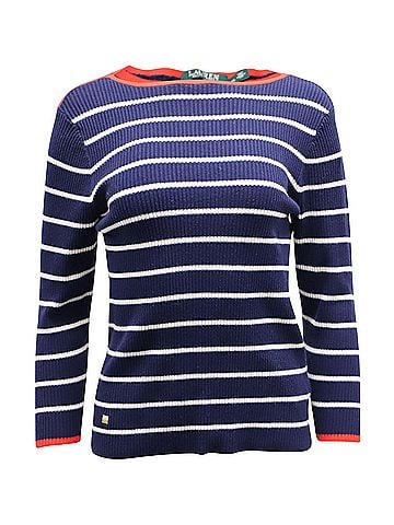 Ralph Lauren Lauren Ralph Lauren Stripe Ribbed Sweater in Navy Blue Cotton (view 1)