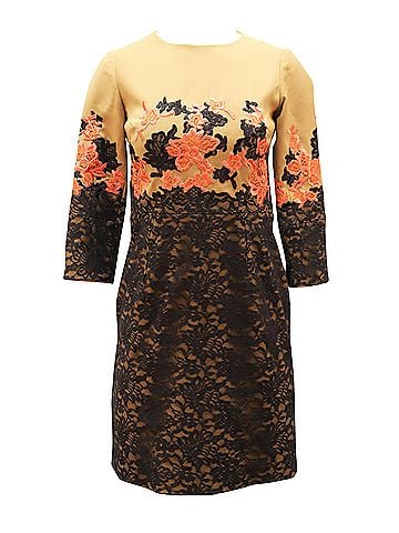 Erdem Erdem Lace Embroidered Shift Dress in Tan Linen  (view 1)