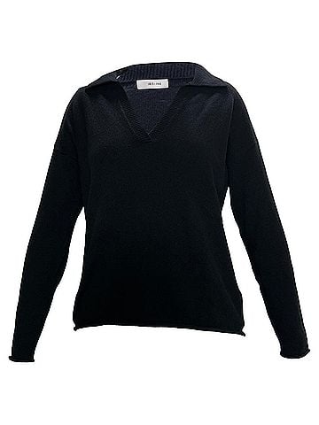 Iris & Ink Iris & Ink Collared V-Neck Sweater in Black Wool (view 1)