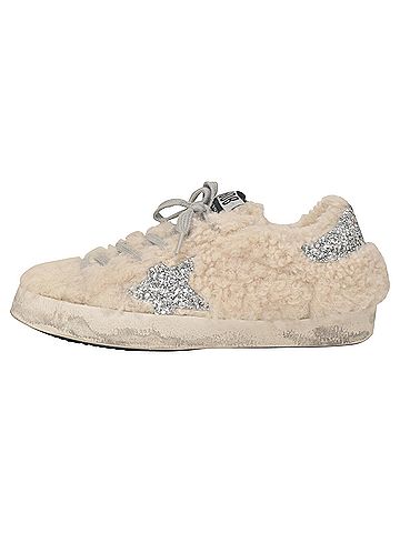 Golden Goose Golden Goose Superstar Sabot Distressed Glittered Shearling Slip-On Sneakers in White Wool (view 1)