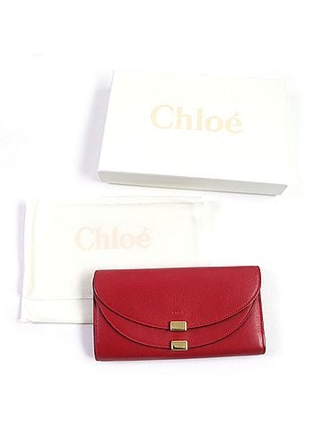 Chloé Chloé Chloe GEORGIA 3P0284 Leather Double-Flap Bi-Fold Long Wallet in Red with Gold Hardware, Box and Dust Bag Included, Made Spain (view 2)