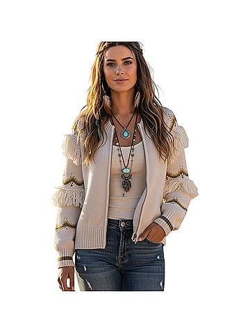 Jen's Pirate Booty Off White Knit Fringe Full Zip Jacket (view 1)