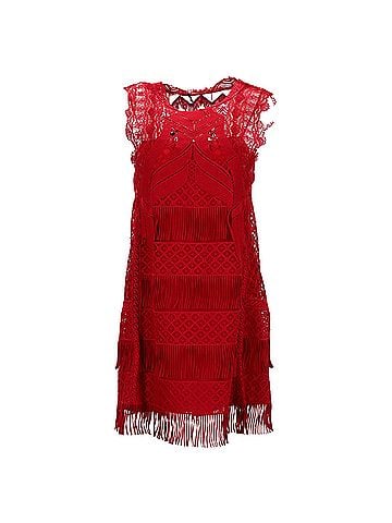 Alberta Ferretti  Alberta Ferretti Land and Fringe Detail Mini Dress in Red Acetate (view 1)
