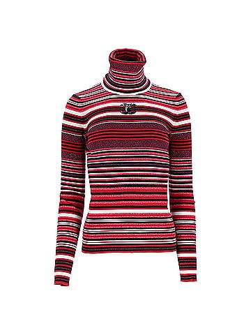 Chanel  Chanel CC-Embellished Striped Turtleneck Sweater in Red Wool (view 1)