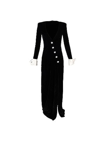 Alessandra Rich  Alessandra Rich Maxi Deep V-Neck Embellished Gown with Slit in Black Velvet (view 1)