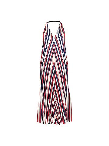 Tome TOME beige red navy chevron print pleated V neck black trim midi dress S (view 1)