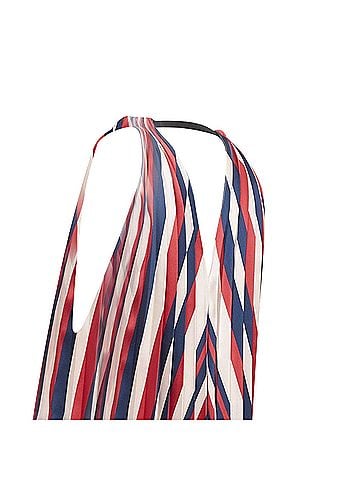 Tome TOME beige red navy chevron print pleated V neck black trim midi dress S (view 2)