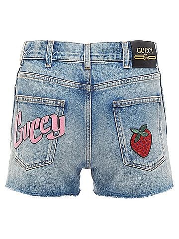 Gucci Gucci Logo Graffiti Strawberry Patch Denim Cut Off Shorts (view 1)