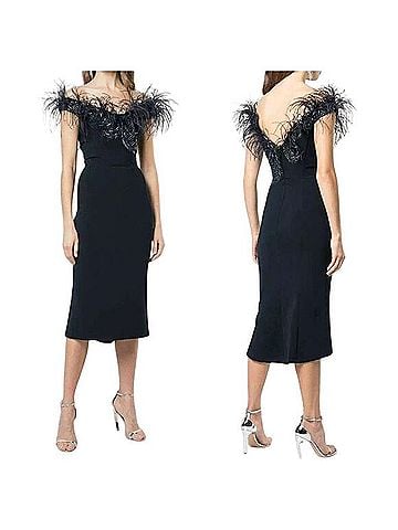 Marchesa Navy Blue Embroidered Ostrich Feather Cocktail Dress (view 1)