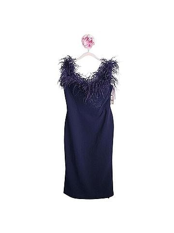 Marchesa Navy Blue Embroidered Ostrich Feather Cocktail Dress (view 2)
