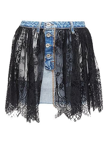 Unravel Project Unravel Project Floral Lace Ruffle Denim Inside Out Skirt (view 1)
