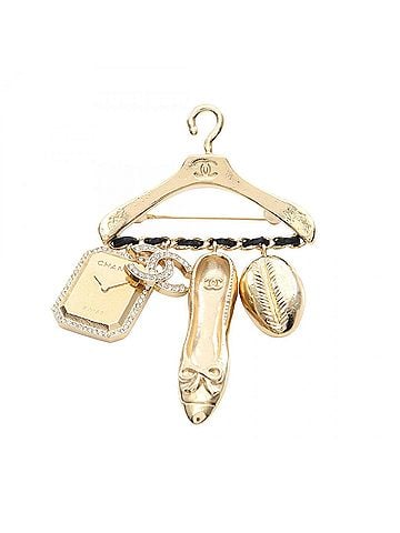 Chanel CHANEL Coco Mark Hanger Motif Brooch Accessory, GP (Gold Plated) Leather, Women's, Gold and Black (view 1)