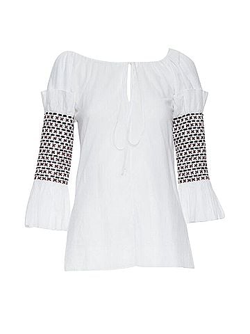 Rosie Assoulin Rosie Assoulin ethnic embroidery smocked sleeves off shoulder top (view 1)