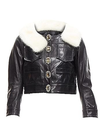 Dsquared2 Dsquared2 asymmetric fur collar jewel button cropped leather jacket (view 1)