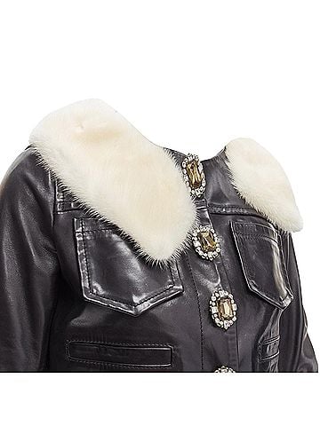 Dsquared2 Dsquared2 asymmetric fur collar jewel button cropped leather jacket (view 2)