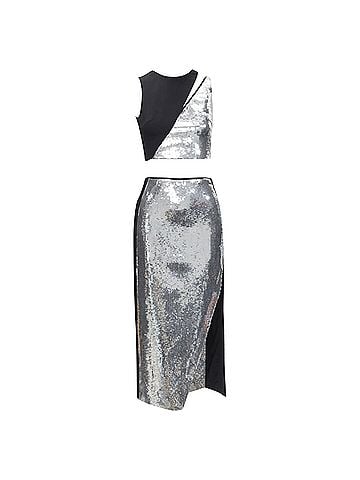 David Koma David Koma silver sequins midriff crop top asymmetric high slit skirt set (view 1)
