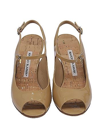 Manolo Blahnik  Manolo Blahnik Peep-Toe Slingback Mary Jane Pumps in Nude Patent Leather (view 2)