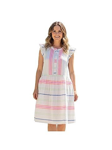 Vineyard Vines Vineyard Vines Guava Multi Stripe Dress Ruffle Sleeves Casual Dress (view 1)