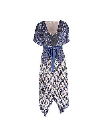 Temperley LONDON  Temperley London Akiko Belted Sequined Midi Dress in Blue Nylon (view 1)