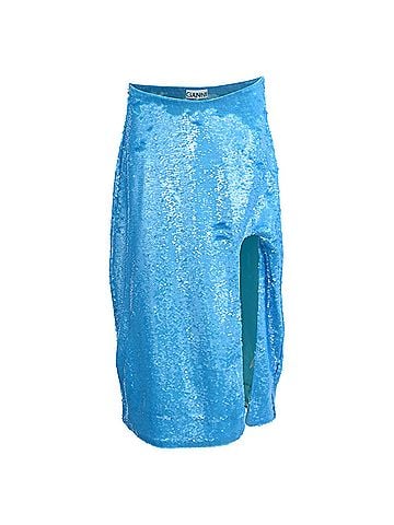 Ganni Ganni Sequin-Embellished Midi Skirt with Slit in Blue Polyester (view 1)