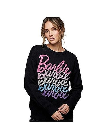Barbie Barbie Multi Stacked Logo Black Crewneck Pullover Pullover Sweater (view 1)