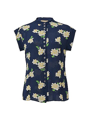 Michael Kors Michael Kors Floral Print Buttoned Blouse in Navy Blue Silk (view 1)