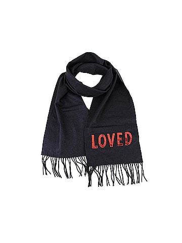 Gucci Women's Dark Blue Silk / Cashmere Long Scarf With Red Sequin "LOVED" (view 1)