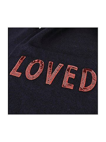 Gucci Women's Dark Blue Silk / Cashmere Long Scarf With Red Sequin "LOVED" (view 2)