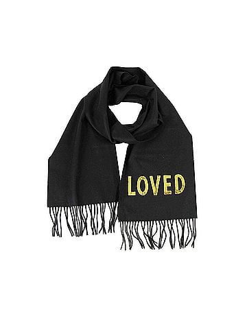 Gucci Women's Black Silk / Cashmere Long Scarf With Yellow Sequin "LOVED" (view 1)