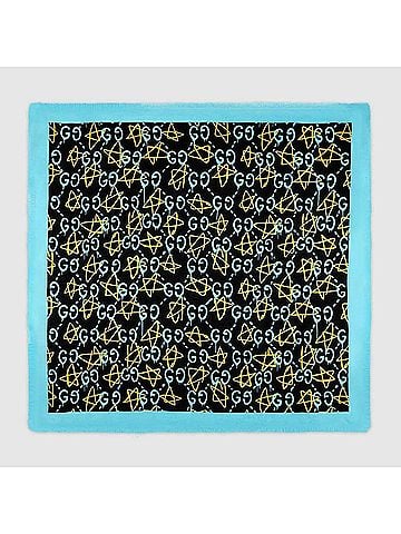 Gucci Ghost Black Blue GG Star Modal Silk Large Scarf Shawl w/Box (view 1)