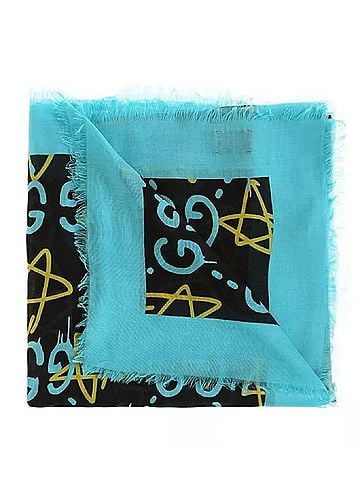Gucci Ghost Black Blue GG Star Modal Silk Large Scarf Shawl w/Box (view 2)