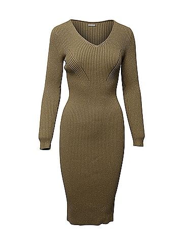 Michael Kors Michael Kors Fitted Ribbed Knit Midi Dress in Metallic Gold Viscose  (view 1)