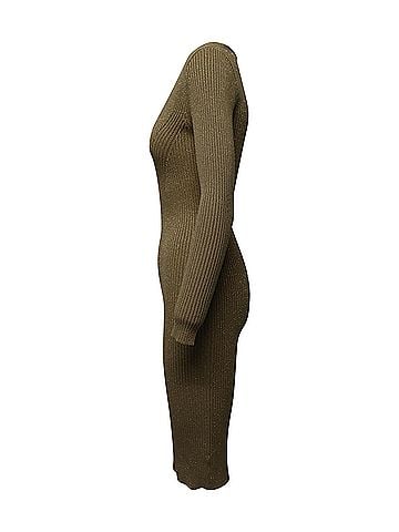 Michael Kors Michael Kors Fitted Ribbed Knit Midi Dress in Metallic Gold Viscose  (view 2)
