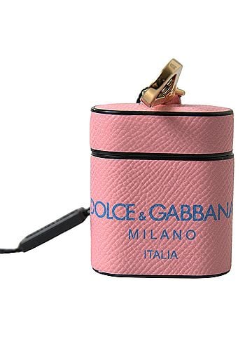 Dolce & Gabbana Basic Pink Blue Calf Leather Logo Print Strap Airpods Women's Case (view 1)