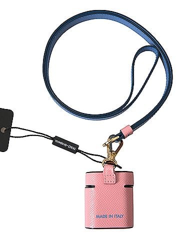 Dolce & Gabbana Basic Pink Blue Calf Leather Logo Print Strap Airpods Women's Case (view 2)