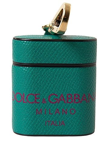 Dolce & Gabbana Basic Green Maroon Calf Leather Logo Print Strap Airpods Women's Case (view 1)
