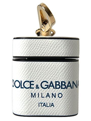 Dolce & Gabbana Basic White Blue Calf Leather Logo Print Strap Airpods Women's Case (view 1)