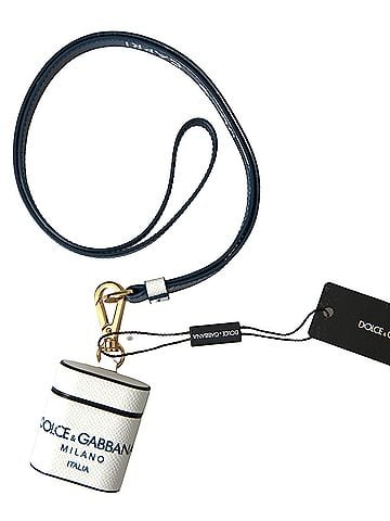 Dolce & Gabbana Basic White Blue Calf Leather Logo Print Strap Airpods Women's Case (view 2)