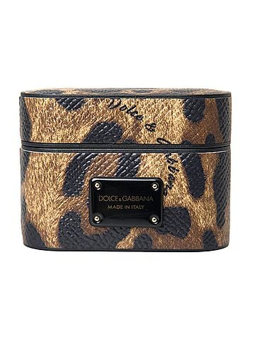 Dolce & Gabbana Basic Brown Leopard Calf Leather Metal Logo Plaque Airpods Women's Case (view 1)