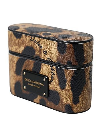 Dolce & Gabbana Basic Brown Leopard Calf Leather Metal Logo Plaque Airpods Women's Case (view 2)