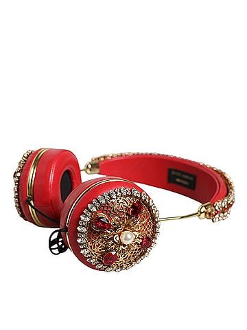Dolce & Gabbana Basic Red Nappa Leather Floral Crystal Women's Headphone (view 2)
