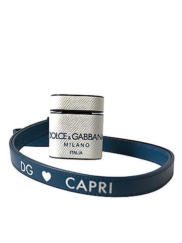 Dolce & Gabbana Basic White Blue Calf Leather Logo Print Strap Airpods Women's Case (view 1)