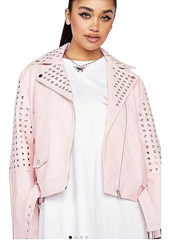 Azalea Wang Azalea Wang Plus Rosalita Grommet Pink Faux Leather Moto Faux Leather Jacket (view 1)
