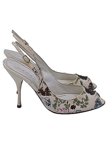 Casadei  Casadei Embellished Slingback Peep-Toe Pumps in Multicolor Satin (view 1)