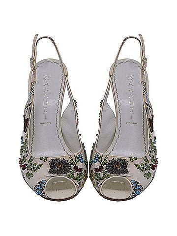 Casadei  Casadei Embellished Slingback Peep-Toe Pumps in Multicolor Satin (view 2)