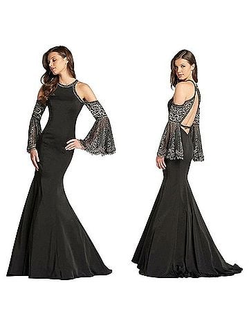 Ellie Wilde Mon Cheri Black Silver Embroidered Bellsleeve Cold Shoulder  Cocktail Dress (view 1)