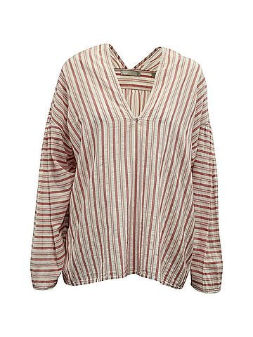 Vince. Vince Drop Shoulder Long Sleeve Striped Blouse in Red/White Cotton (view 1)